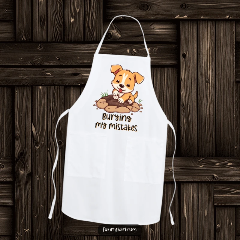 Funny dog apron, enthusiastically digging with paws, dirt flying, kitchen or gardening accessory, humorous.