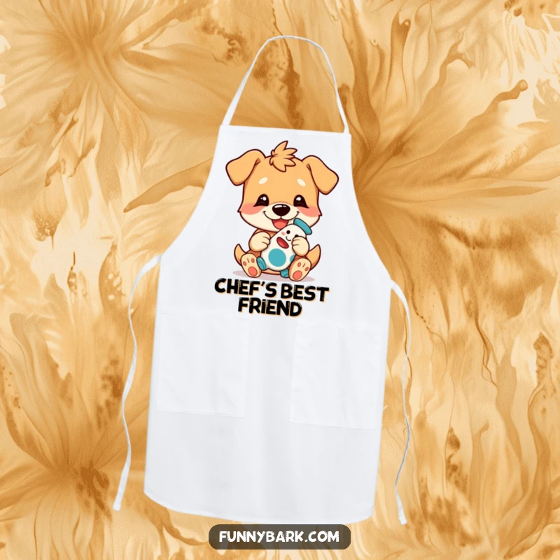 Funny Dog Chef Apron showing a dog character with a playful grin, playfully presenting its treasured toy while cooking.