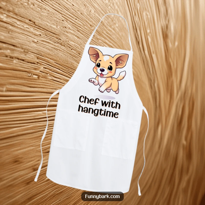 Funny floppy eared dog apron showing a dog leaping with large ears flying and tail wagging, ready for kitchen fun.
