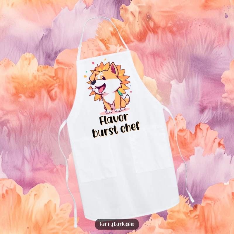 Funny apron with a dog character whose bark is a dazzling, colorful explosion of vibrant, joyful energy, ready for fun.