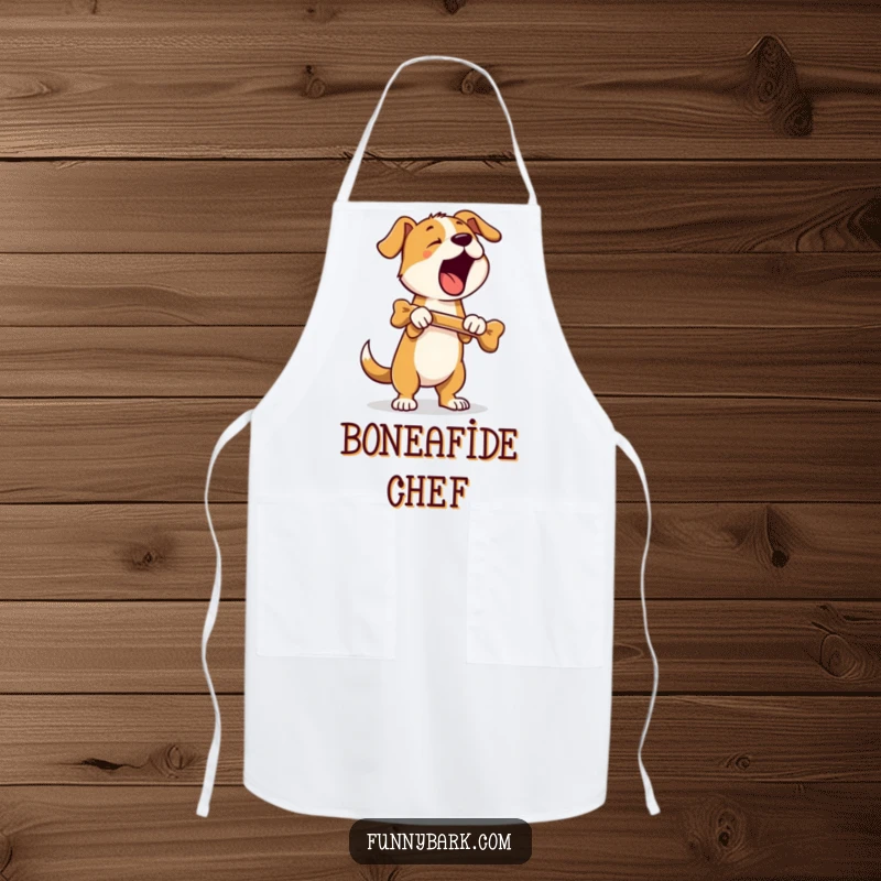 Funny apron showing a dog standing on hind legs, holding a bone, and barking; a humorous kitchen companion.