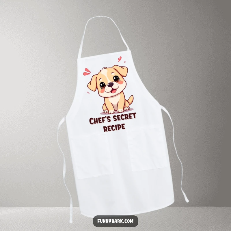 Funny curious dog apron showing a dog with head tilted, emitting playful sound waves, ready for kitchen contemplation.