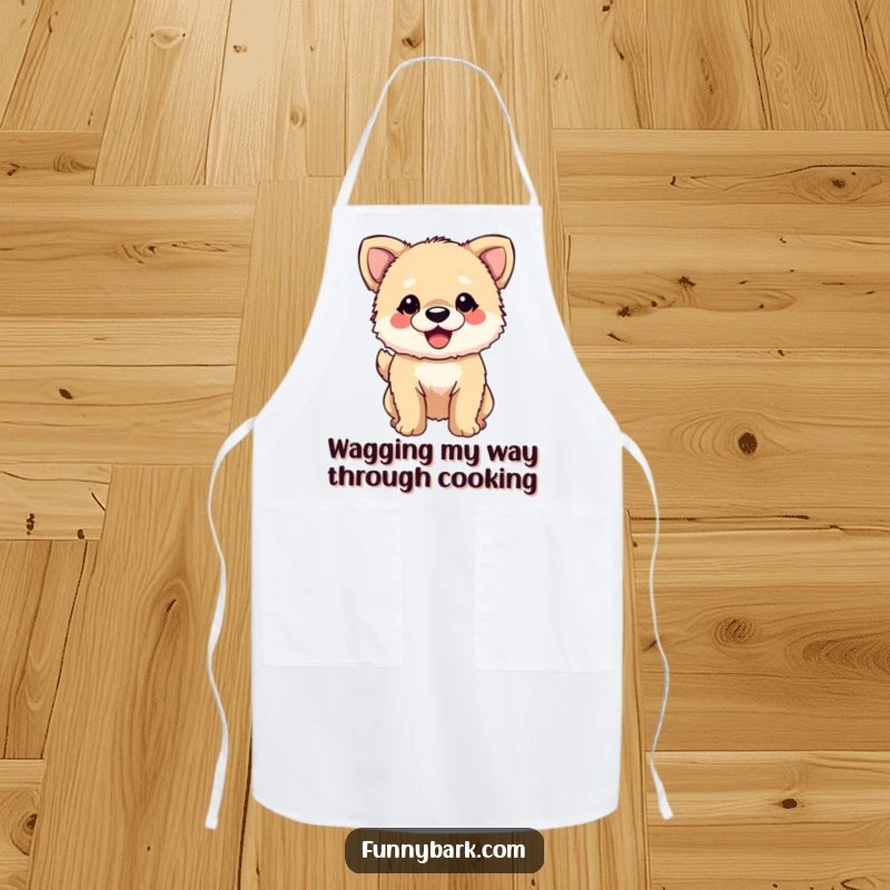 Funny Dog Apron: A fuzzy dog character with its tail wagging enthusiastically and a wide smile, adding happy fun to kitchen tasks.