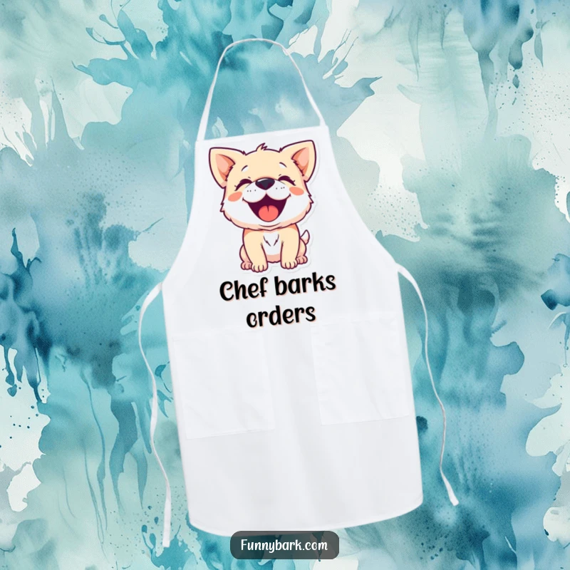 Funny kitchen apron featuring a small dog character barking with joyful exuberance, perfect for pet-loving home cooks.