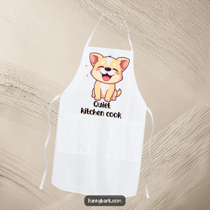 Funny Apron: A dog with eyes closed in delight, with sound waves of a happy bark, for peaceful cooking. Great gift.