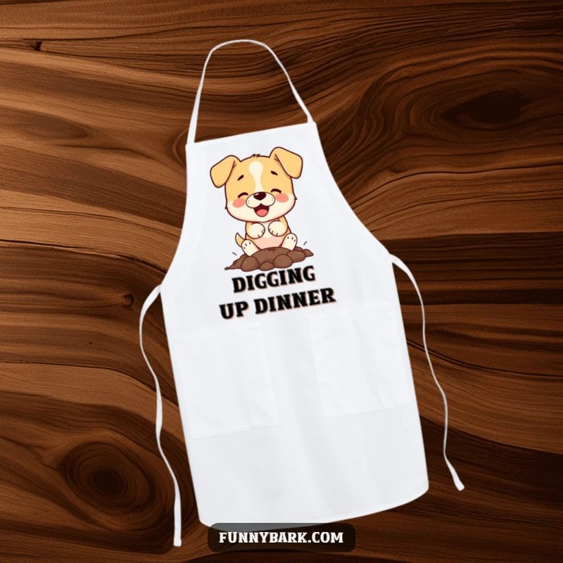 Funny small dog character digging with paws on a kitchen apron, perfect for cooking with dog-themed humor.