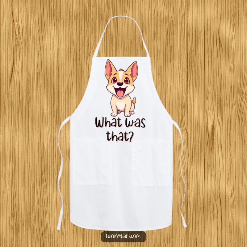 Funny Dog Apron: A dog with its head tilted and ears perked high, showing exaggerated excitement for cooking.