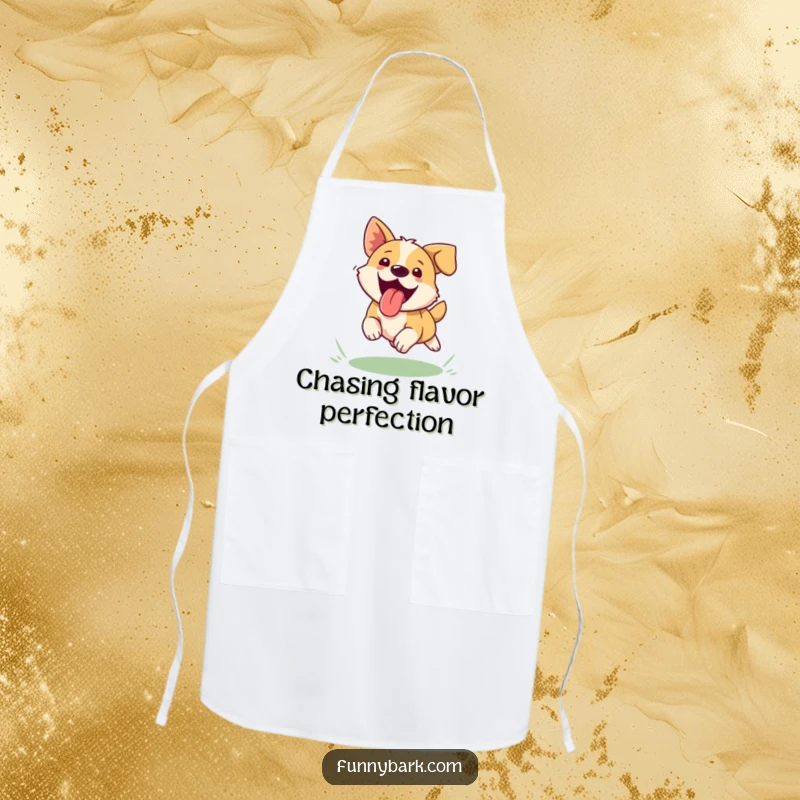 Funny dog apron, tongue out, joyfully chasing a frisbee, cooking or grilling theme, messy fun.