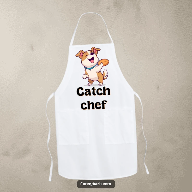 Funny dog apron depicting a dog barking happily after catching a frisbee, adding humorous flair to kitchen duties.