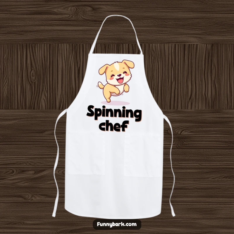 Funny dog apron featuring a small dog joyfully spinning in circles while chasing its tail, great for the kitchen.