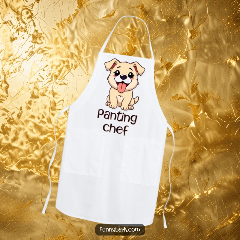 Funny apron featuring a dog panting happily with its tongue out, mid-bark, ready to protect your clothes with a dose of canine mirth.