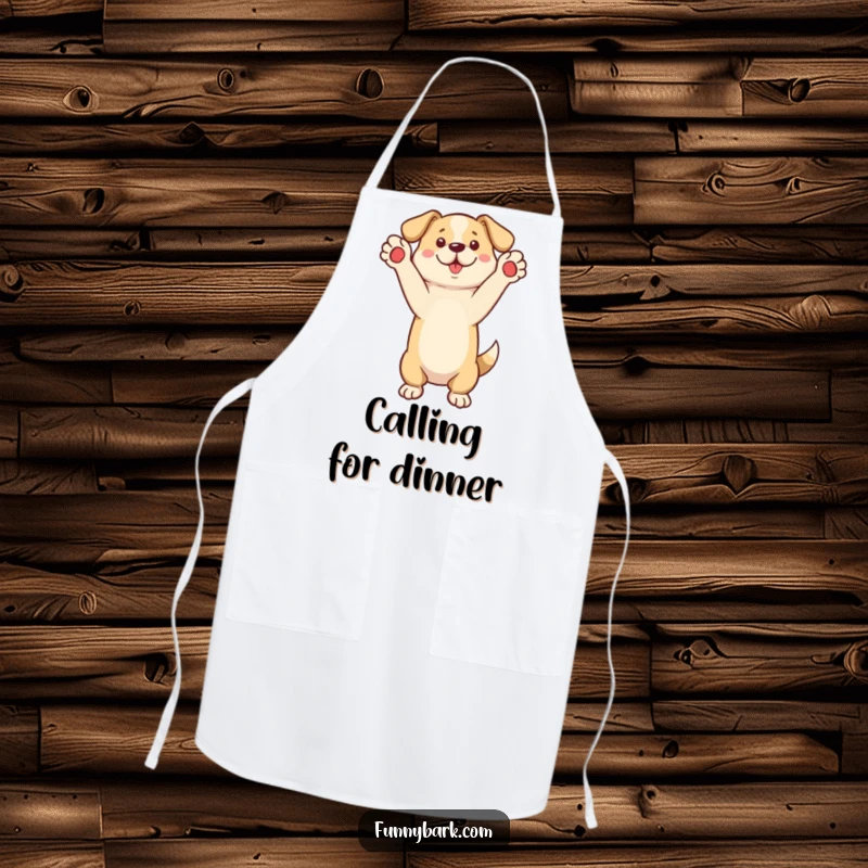 Funny Apron depicting a dog standing on its hind legs, paws raised, as if calling out, for cooks.