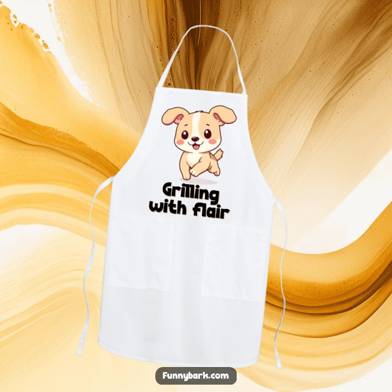 Funny dog apron, ears flapping in the wind while running, happy expression, cooking or baking accessory.
