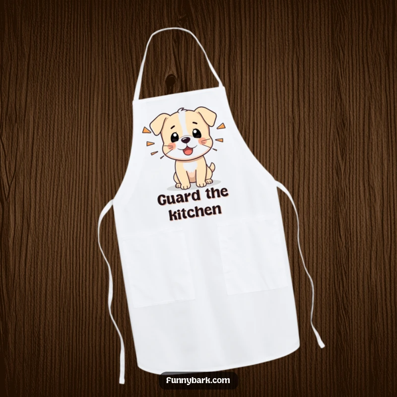 Funny apron with a tiny dog character barking sharply, ideal for humorous kitchen protection and a playful cooking experience.