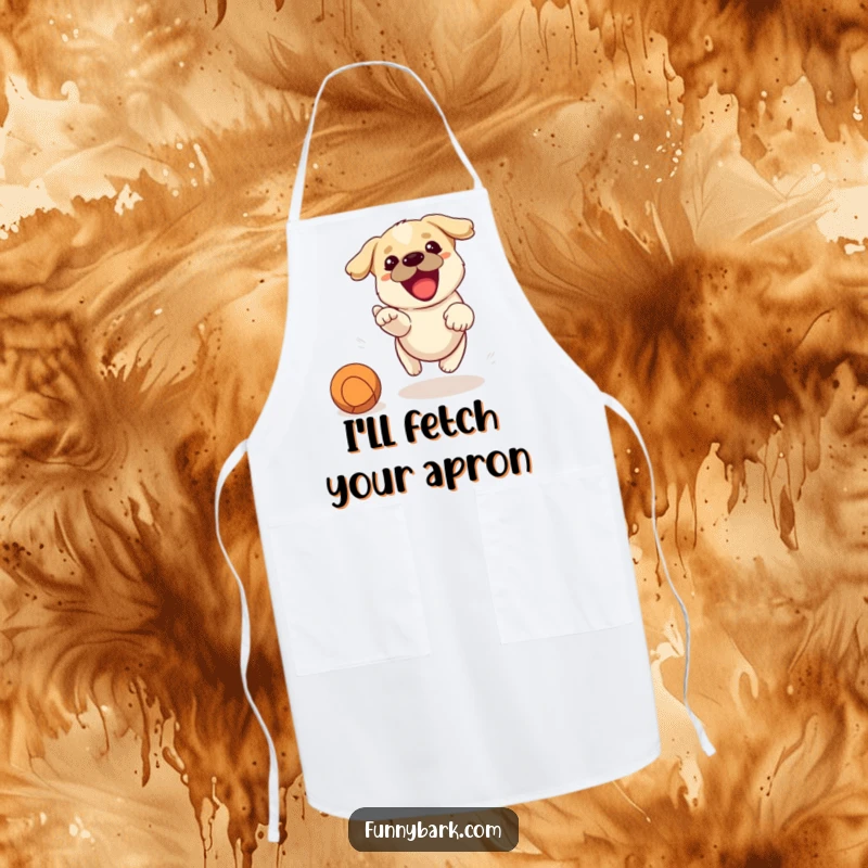 Funny apron showcasing an energetic dog barking with joy while enthusiastically chasing a thrown ball.