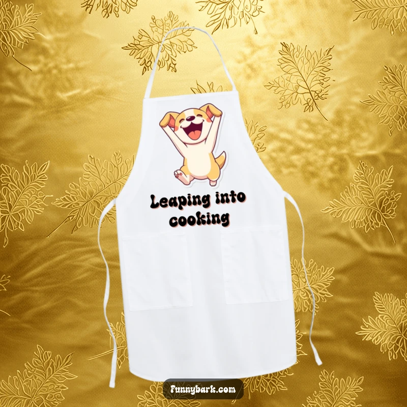 Funny apron featuring a dog character leaping energetically with mouth open, ready to protect your clothes with a dash of canine fun.