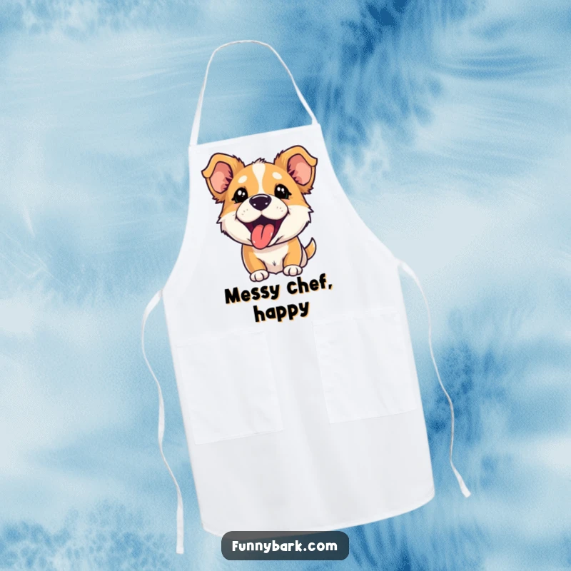 Funny apron with a dog character, ears perked and tongue out, hilariously mid-playful bark, ready for culinary fun.