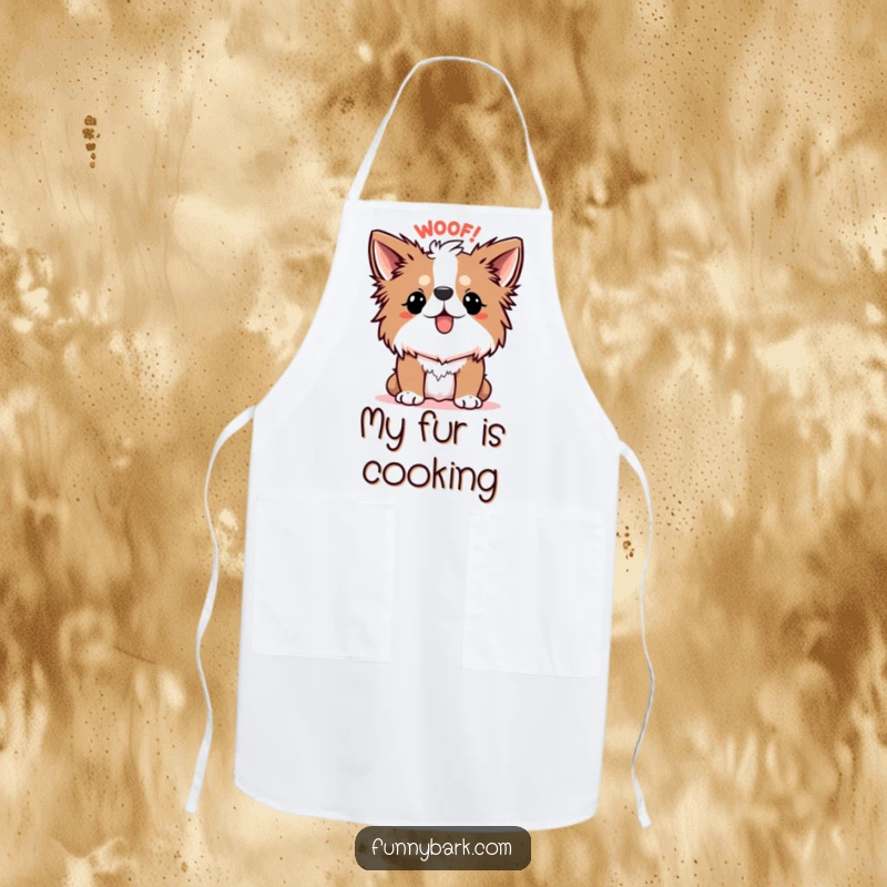 Funny Scared Dog Apron, showing a dog with its fur standing on end, exclaiming a cartoonish WOOF! in comical surprise.