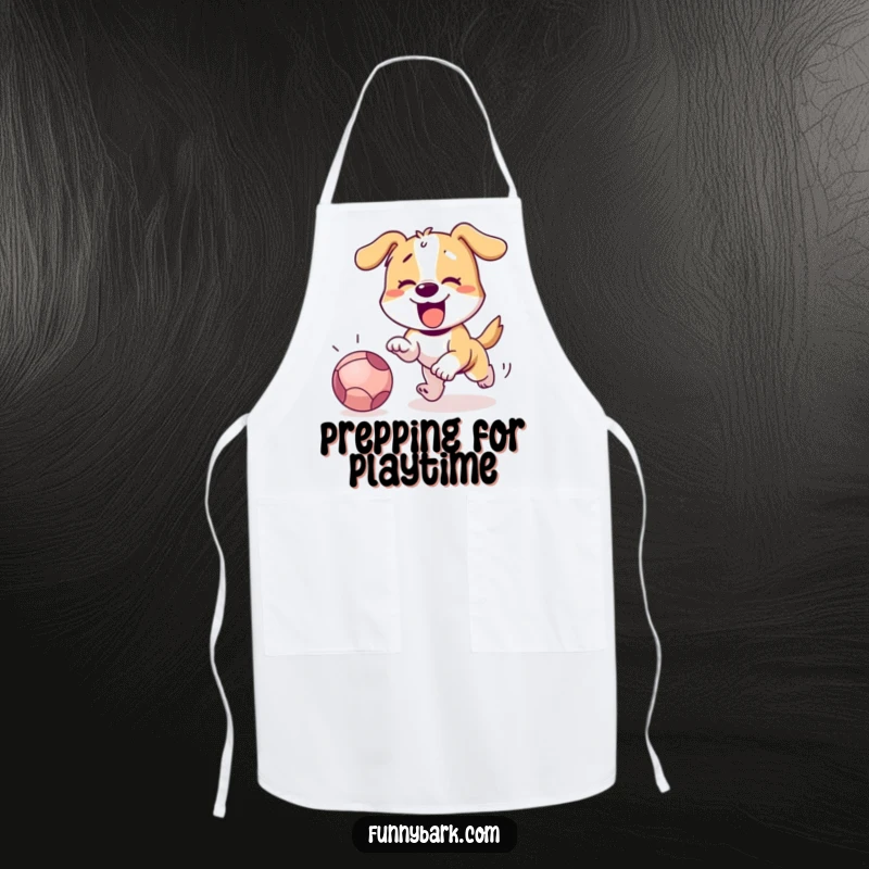 Funny dog wearing a chef's hat, excitedly chasing a rolling ball in a humorous kitchen apron.