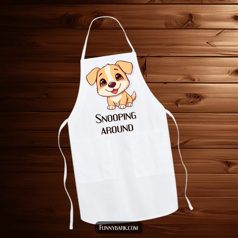Funny Dog Apron showing a curious dog tilting its head, perfect for chefs and dog lovers, a practical and funny gift.