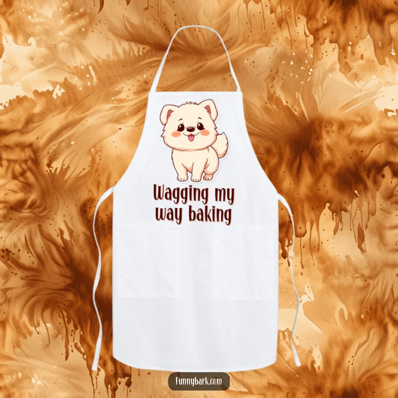 Funny apron: A fluffy dog character energetically wagging its tail, expressing pure excitement while cooking, a funny gift for chefs.