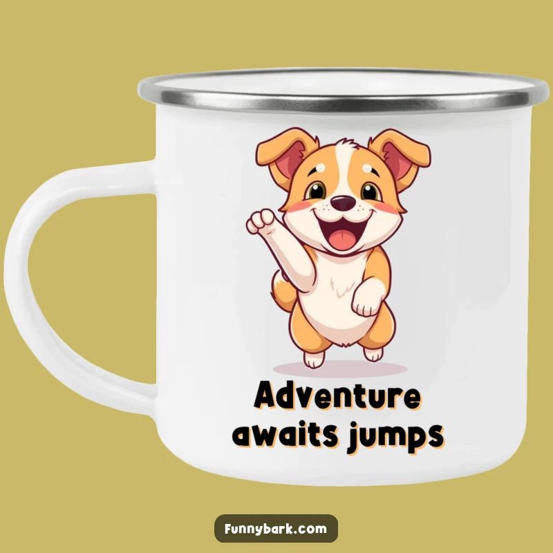 Funny Dog Jumping Camping Mug: Trailside Cheer with a Happy Bark, Hilarious Gift!