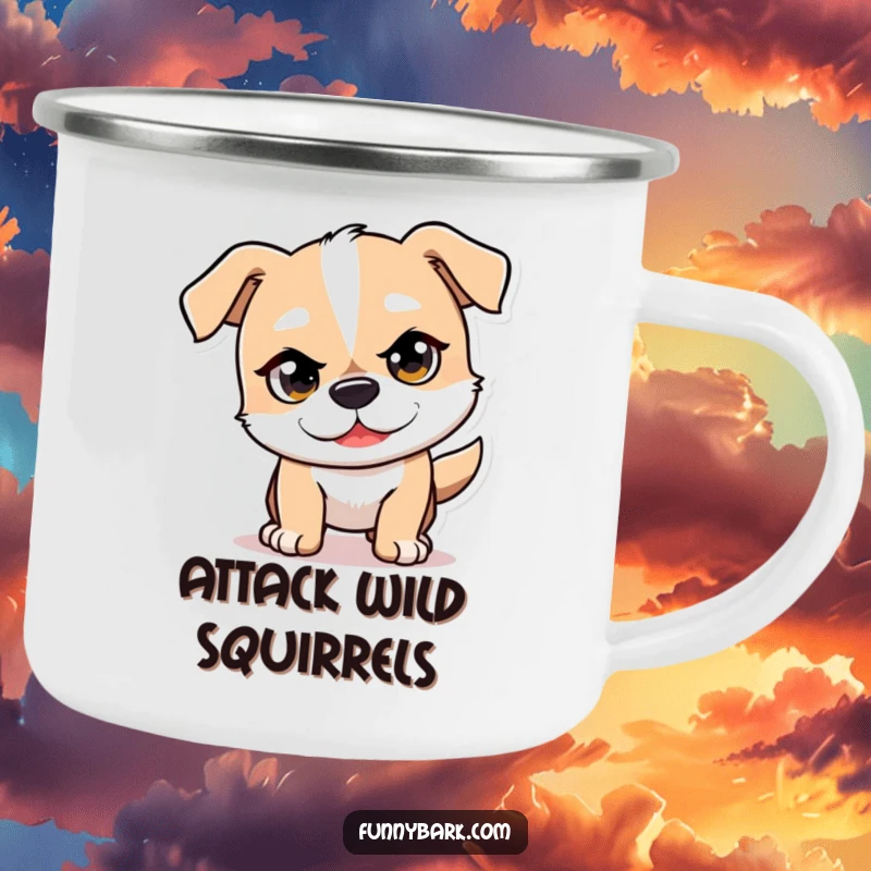 Funny Mischief Dog Camping Mug showcasing a dog character with a mischievous glint, playfully pouncing forward in action.