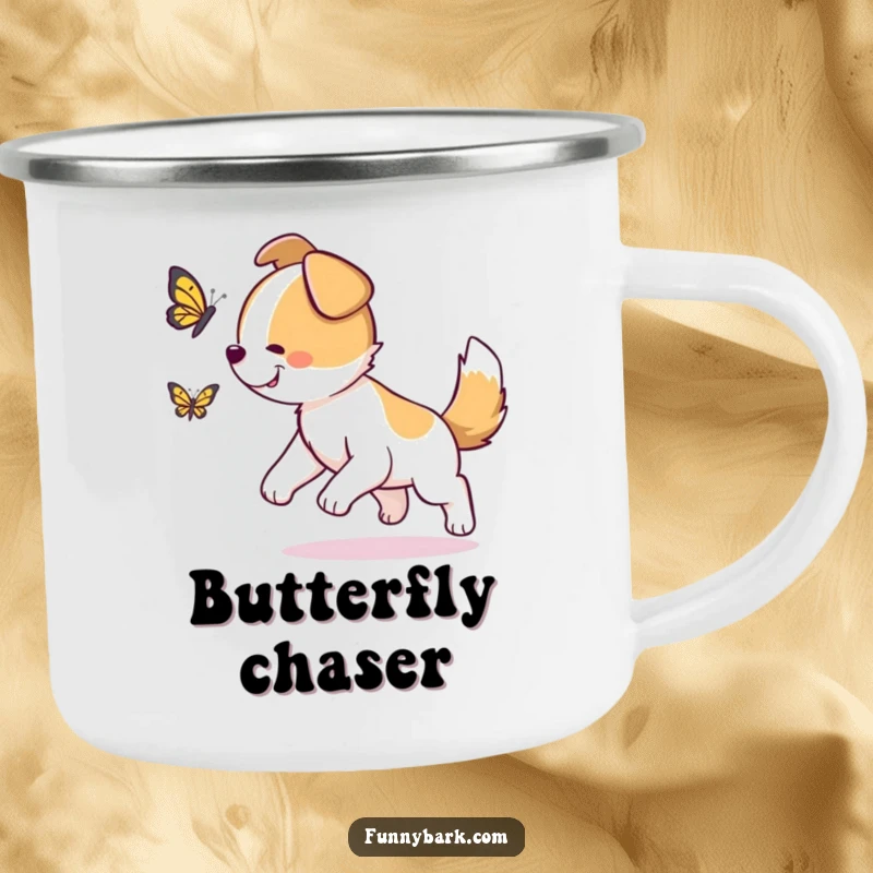 Funny Dog Camping Mug: A dog with its tail wagging furiously, chasing a fluttering butterfly, perfect for camp.
