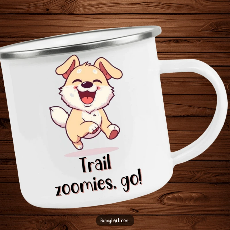 Funny Joyful Dog Camping Mug showcasing a dog character with an overjoyed expression, running with boundless energy.