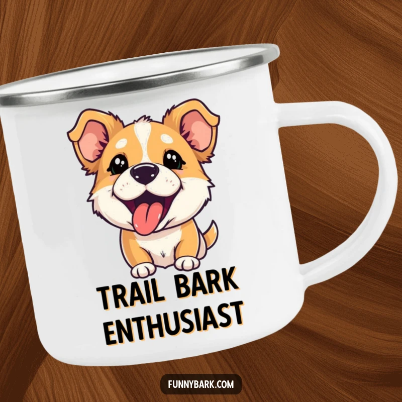 Funny camping mug with a dog, ears perked and tongue out, hilariously mid-playful bark, adding fun to trips.