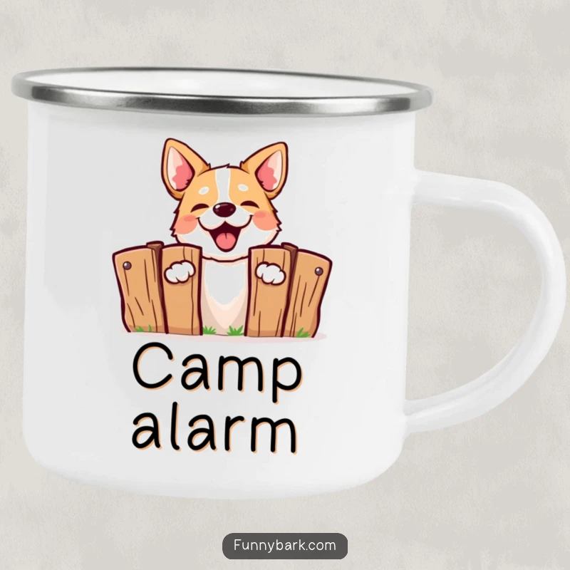 Funny Barking Dog Camping Mug: A dog energetically barking from behind a fence, perfect for outdoor alerts and fun.