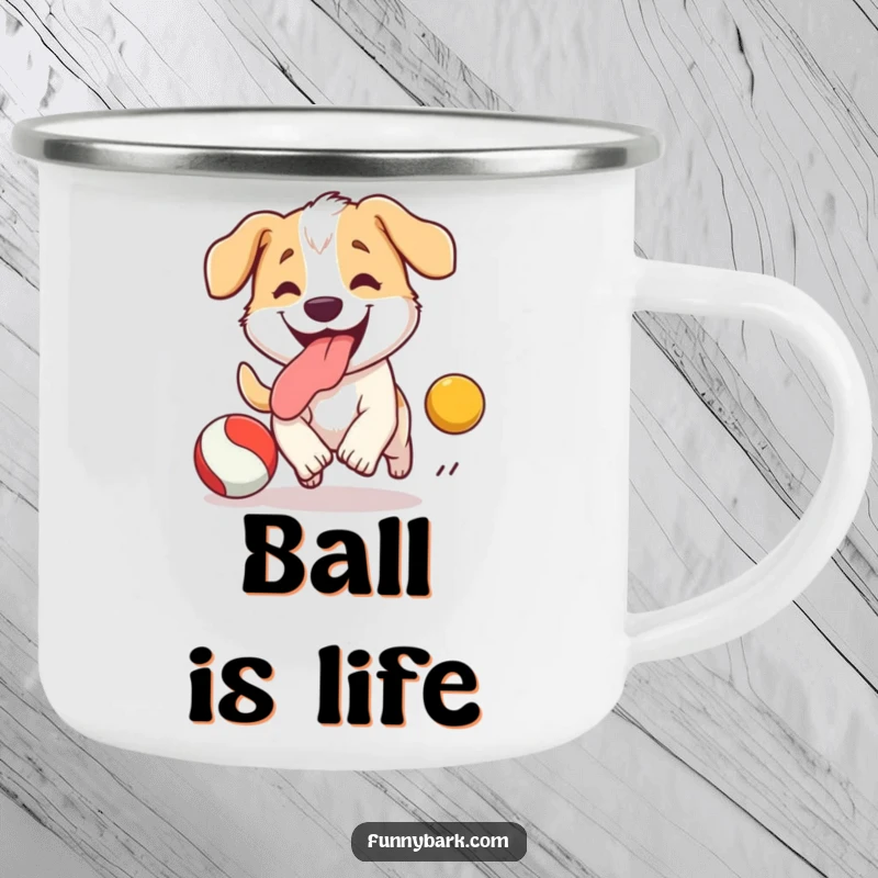 Funny Dog Camping Mug: A happy dog with its tongue out, chasing a bouncing ball, perfect for campfire coffee.