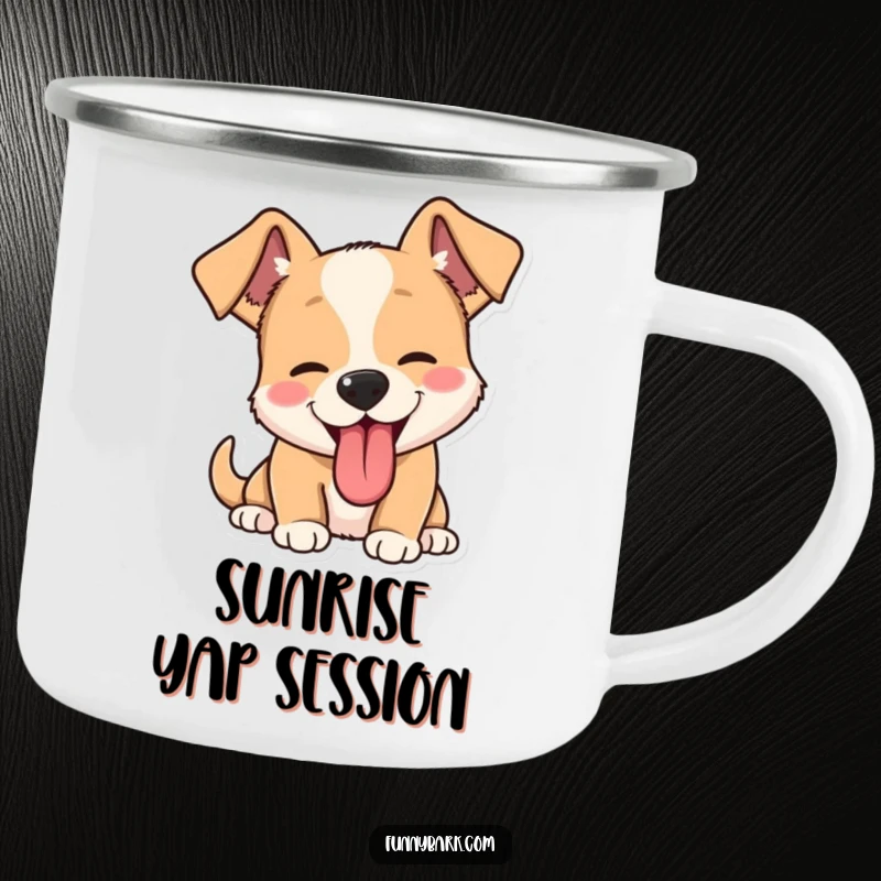 Funny dog barking camping mug, featuring a dog barking joyfully with perked ears and tongue out, ready for the great outdoors.
