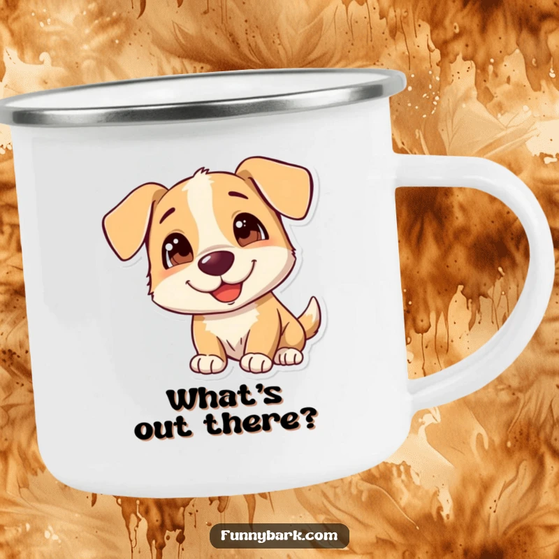 Funny Dog Camping Mug with a curious dog tilting its head, perfect for outdoor enthusiasts and dog lovers, a great funny gift.
