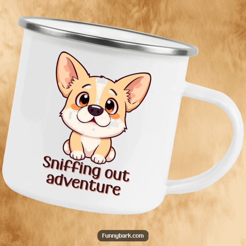 Funny dog camping mug with a surprised expression and ears perked high, perfect for enjoying drinks with pet humor.