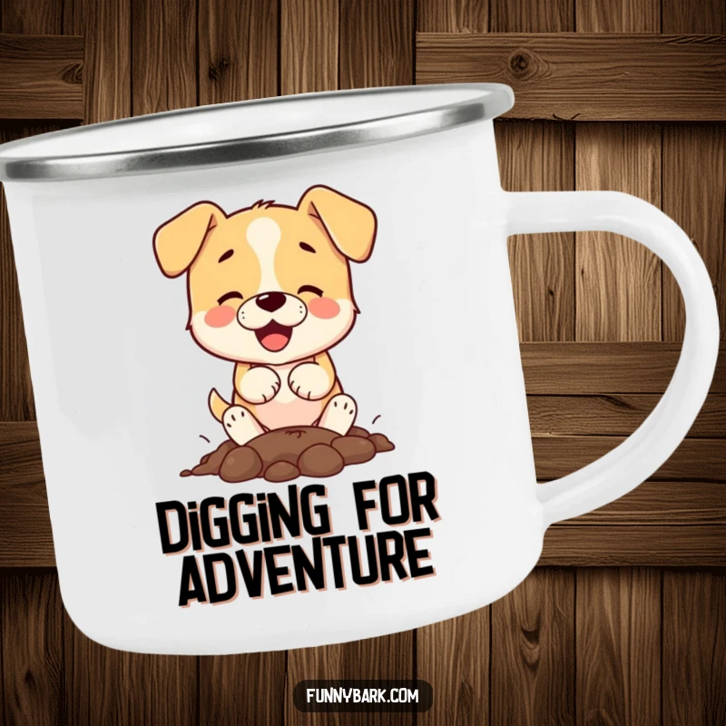 Funny small dog character digging with paws on a camping mug, perfect for outdoor enthusiasts with a love for dogs.