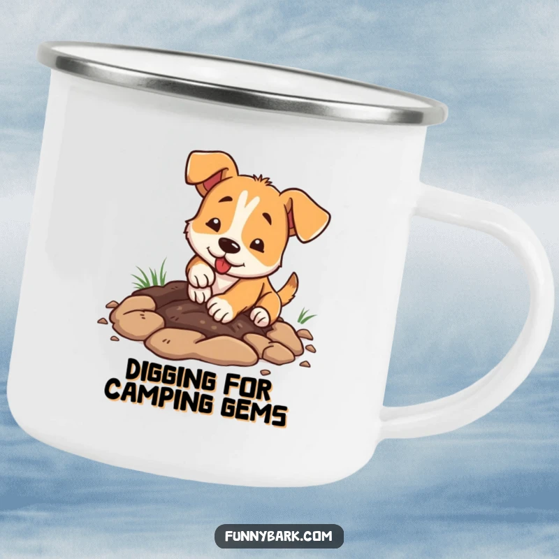 Funny dog camping mug, enthusiastically digging with paws, dirt flying, enamel finish, humorous outdoor theme.