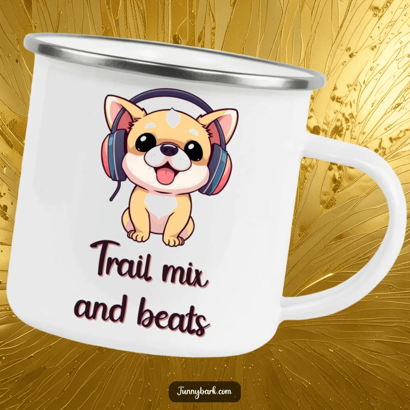 Funny dog wearing headphones, head bobbing, on a camping mug, great funny gift for outdoor enthusiasts.