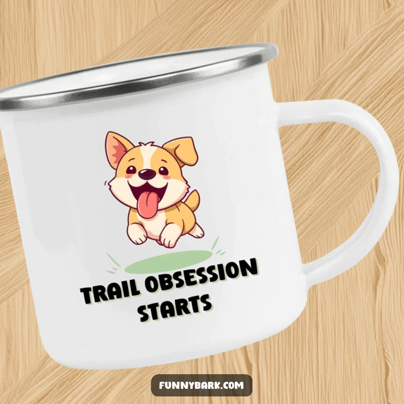 Funny dog camping mug, tongue out, chasing a frisbee, enamel finish, outdoor scene, rustic charm.