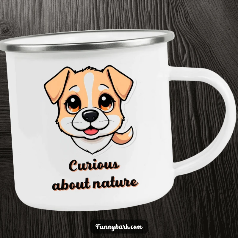 Funny camping mug: A stylized dog head with big, curious eyes and a wagging tail, perfect for curious outdoor exploration, a funny gift.
