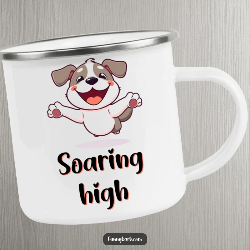 Funny Dog Camping Mug: A happy dog with a wide smile, enthusiastically leaping in the air, perfect for camp.