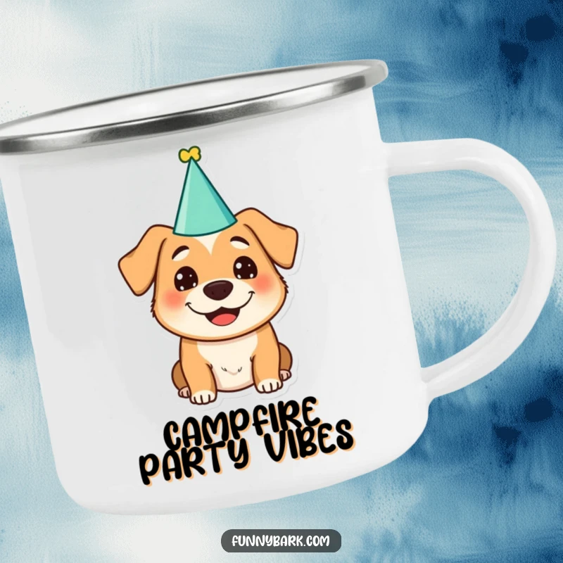 Funny dog character in a party hat with a silly grin on a camping mug, perfect for outdoor celebrations.