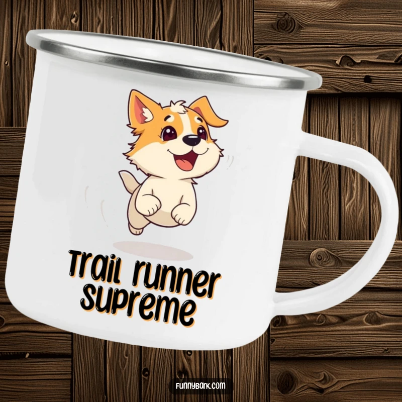 Funny Camping Mug: An energetic dog character runs with wind-ruffled fur and an excited bark, perfect for humorous refreshment on outdoor adventures.