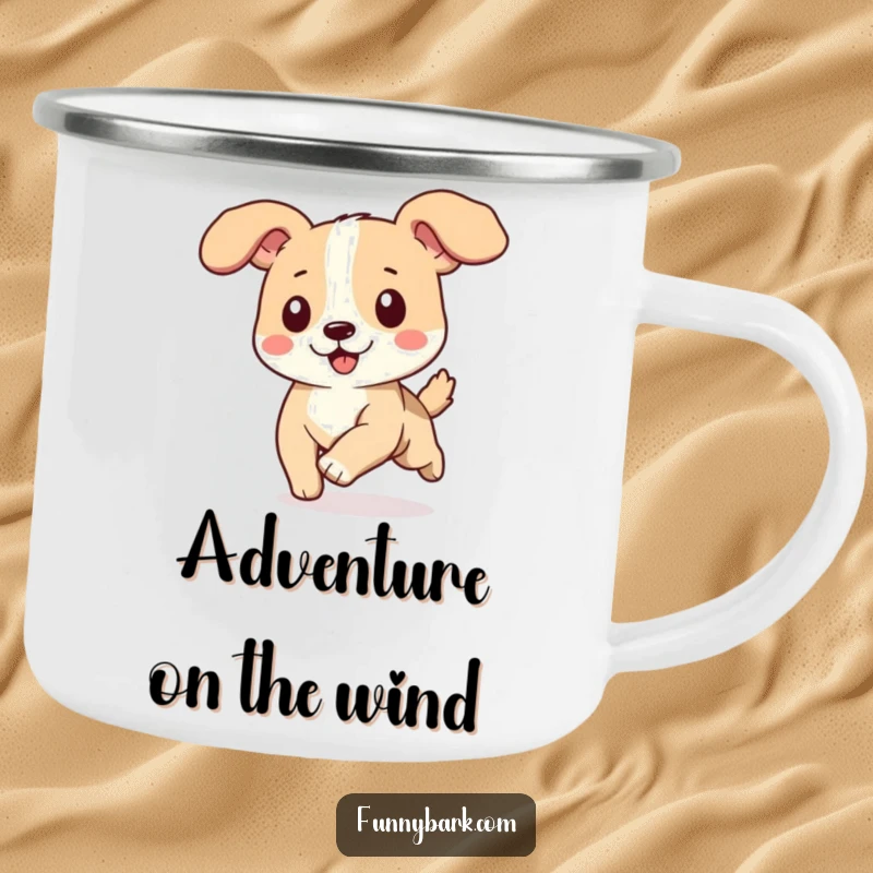 Funny dog camping mug, ears flapping in the wind, running happily, enamel finish, outdoor adventure theme.