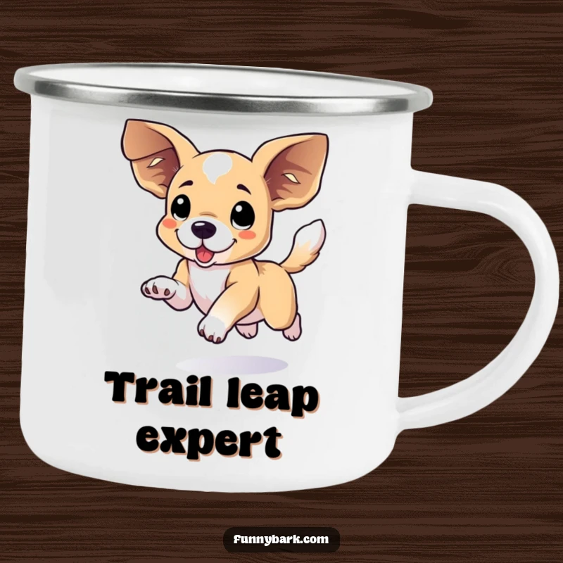 Funny floppy eared dog camping mug showing a dog mid-leap with large ears and wagging tail, ready for the outdoors.