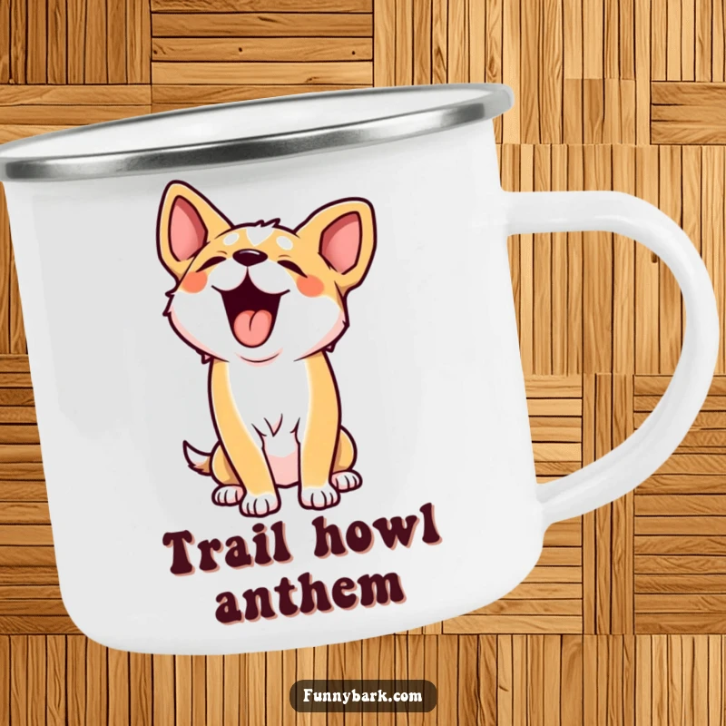 Funny camping mug featuring a dog character tilting its head back for a hearty, outdoor howl, perfect for rugged adventures and laughs.