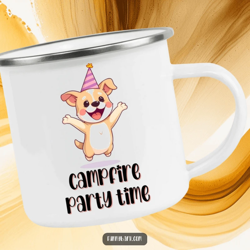 Funny party dog camping mug with a tiny hat, showing a dog jumping with excitement, ready for outdoor celebrations.