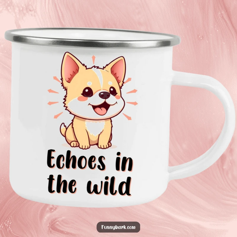 Funny camping mug with a small dog mid-yip, mouth open, surrounded by vibrant sound waves, designed for outdoor use and humor.