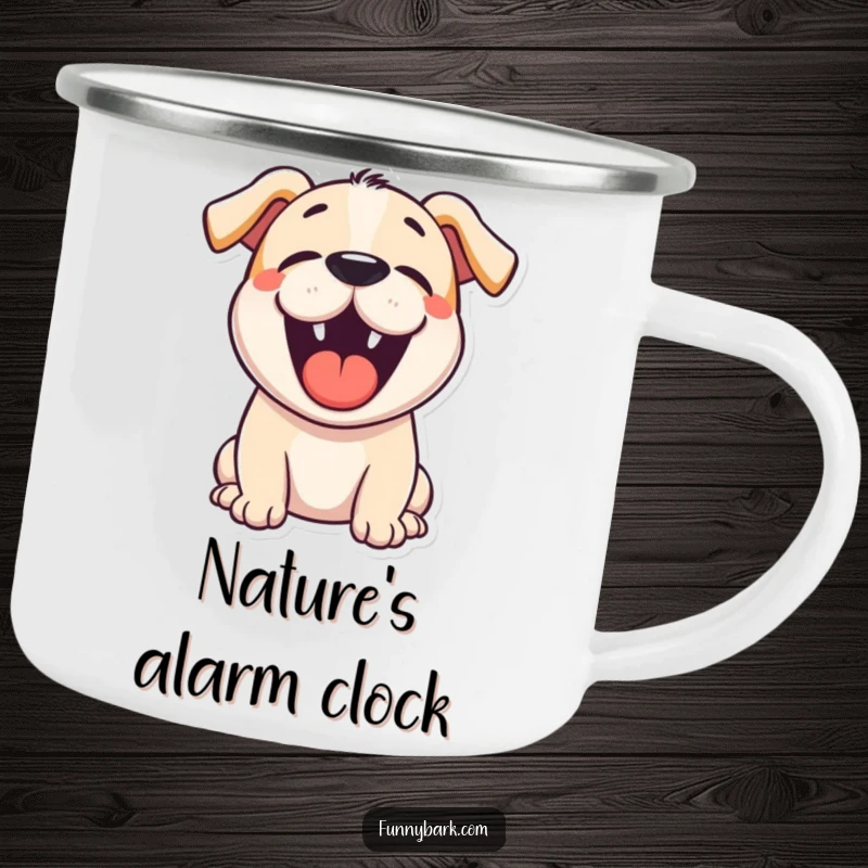 Funny cartoon dog camping mug showing a dog’s mouth wide open in a happy, loud bark, perfect for outdoor sips.