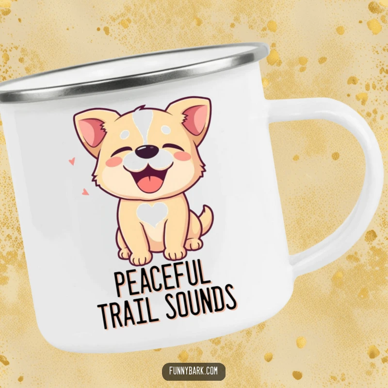 Funny Camping Mug: A dog with eyes closed in delight, with happy bark sound waves, ideal for serene camping. Perfect gift.
